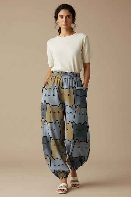 Pantalon Parachute Chat Imprimé Ample Décontracté Poches - Viscose