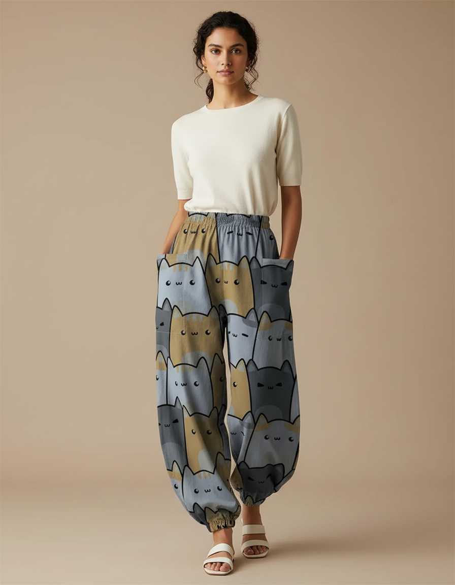 Pantalon Parachute Chat Imprimé Ample Décontracté Poches - Viscose