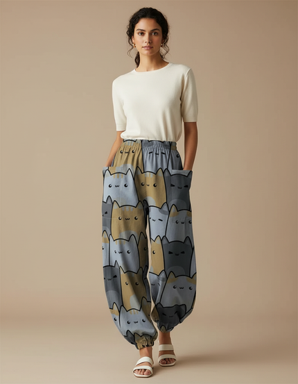 Pantalon Parachute Chat Imprimé Ample Décontracté Poches - Viscose