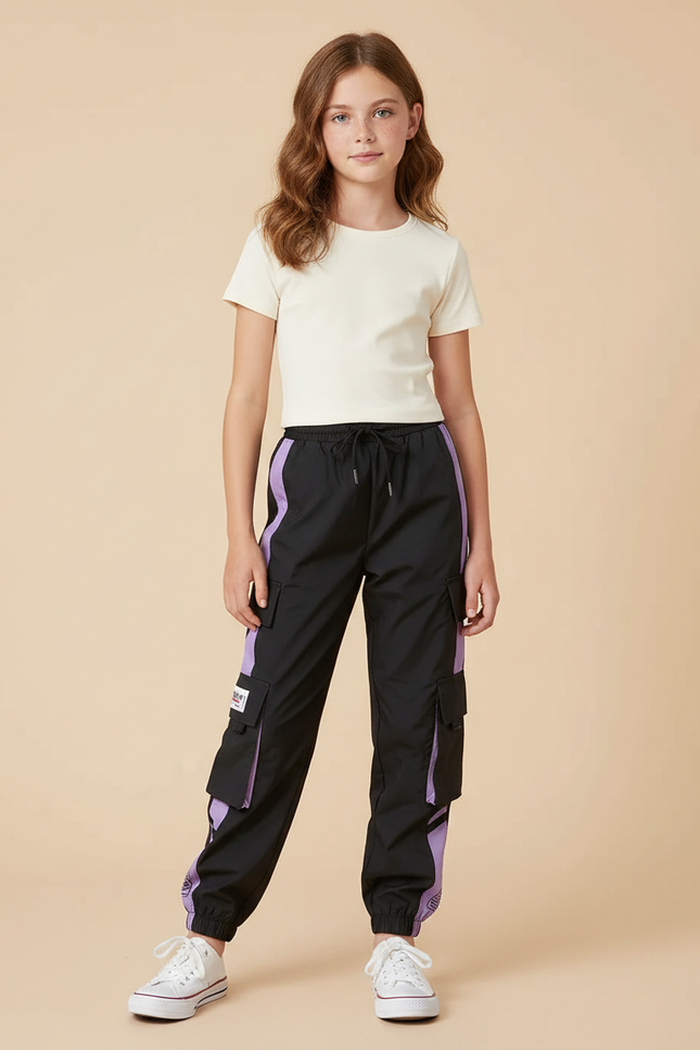 Pantalon Parachute Noir Violet Cargo Ample Streetwear - Polyester