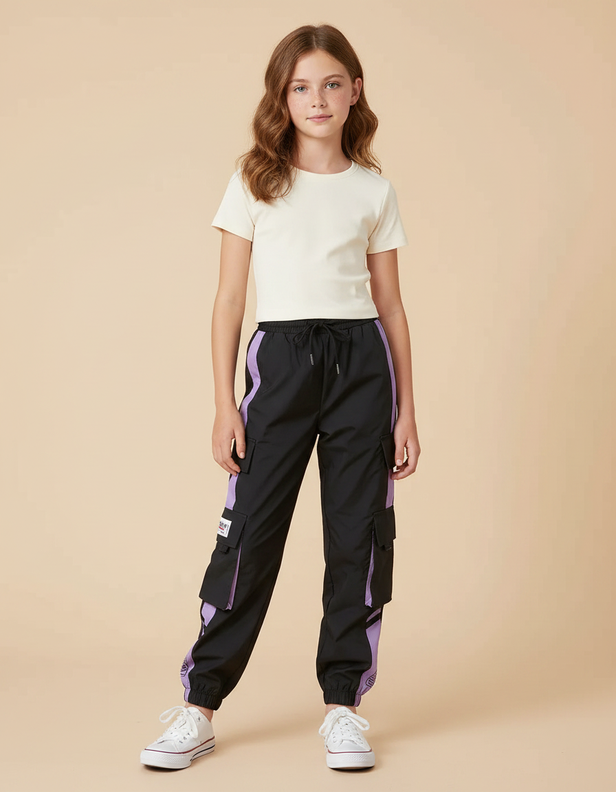 Pantalon Parachute Noir Violet Cargo Ample Streetwear - Polyester