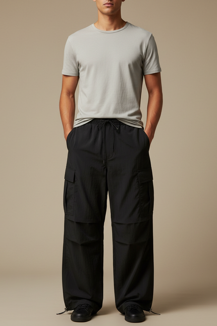 Pantalon Parachute Noir Cargo Ample Homme Polyester