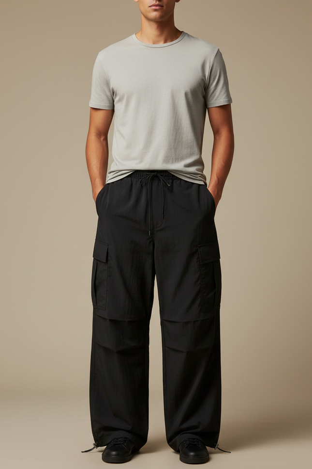 Pantalon Parachute Noir Cargo Ample Homme Polyester