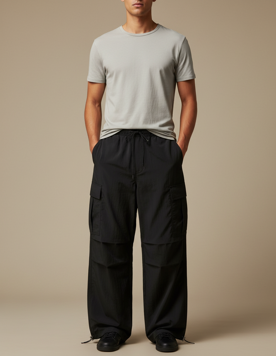 Pantalon Parachute Noir Cargo Ample Homme Polyester