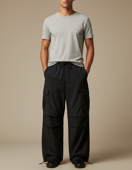 Pantalon Parachute Noir Cargo Ample Homme Polyester