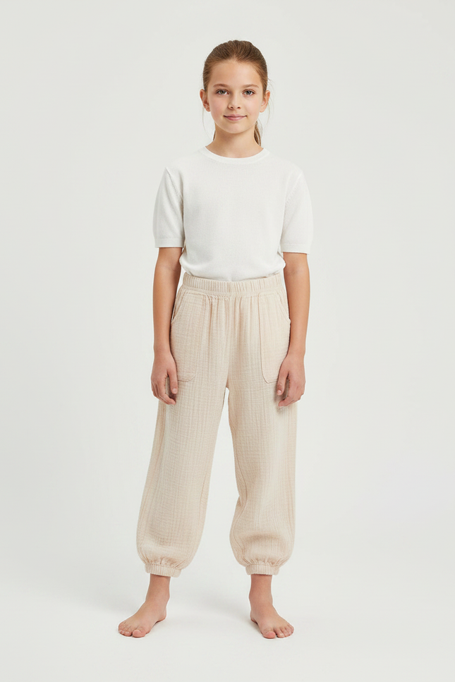 Pantalon Parachute Beige Coton Ample Enfant Doux Fluide