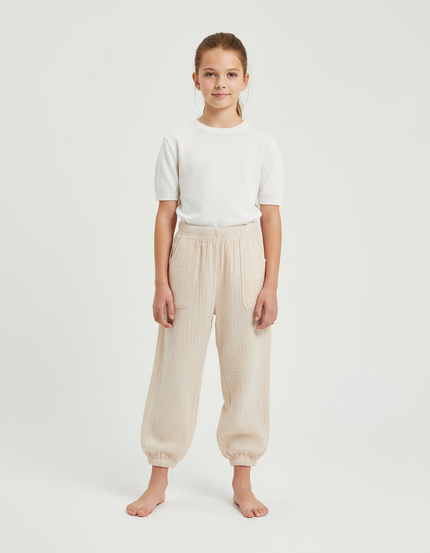 Pantalon Parachute Beige Coton Ample Enfant Doux Fluide