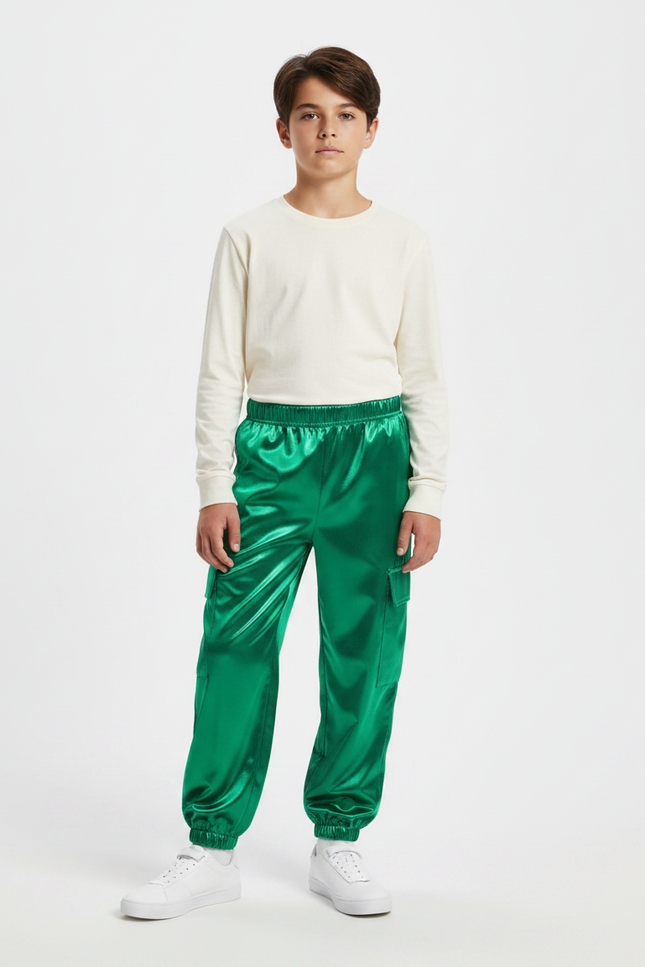 Pantalon Parachute Vert Satiné Cargo Ample Enfant