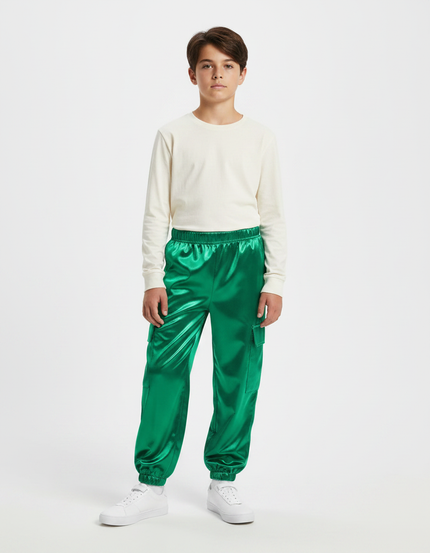 Pantalon Parachute Vert Satiné Cargo Ample Enfant