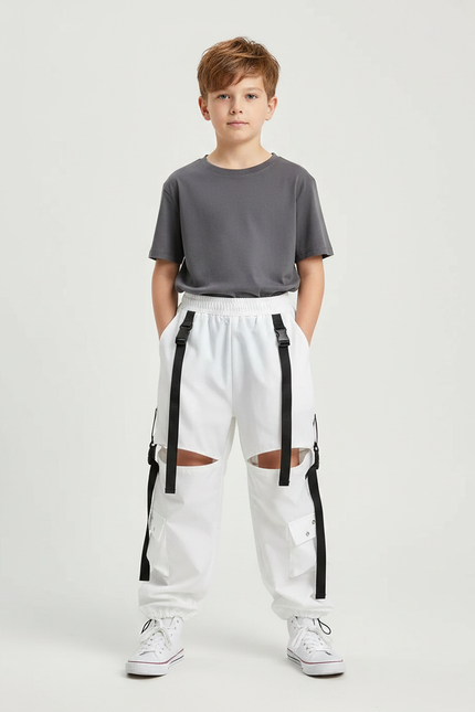 Pantalon Parachute Blanc Cargo Déchiré Bretelles Garçon - Polyester
