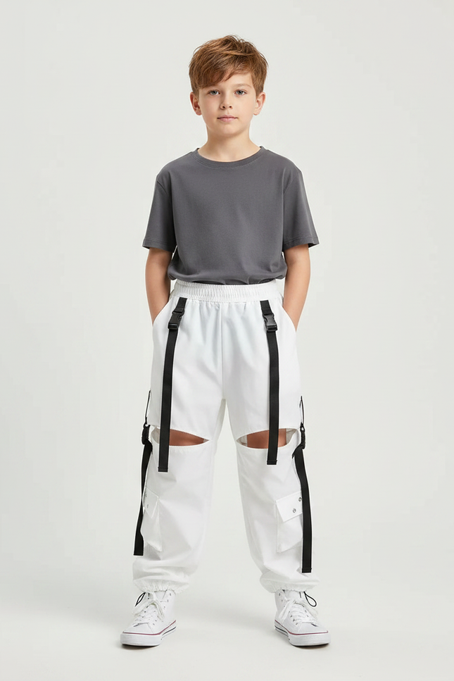 Pantalon Parachute Blanc Cargo Déchiré Bretelles Garçon - Polyester