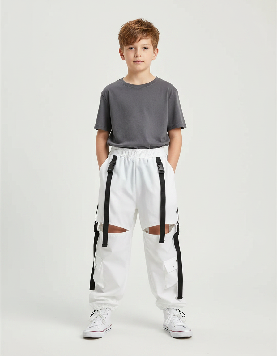 Pantalon Parachute Blanc Cargo Déchiré Bretelles Garçon - Polyester