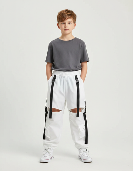 Pantalon Parachute Blanc Cargo Déchiré Bretelles Garçon - Polyester