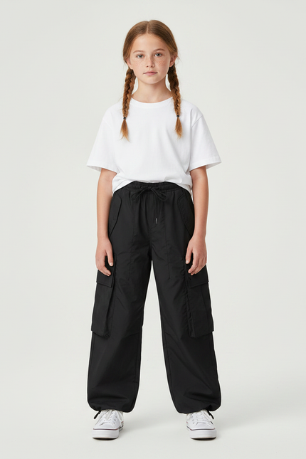 Pantalon Parachute Noir Ample Cargo Décontracté Fille - Polyester