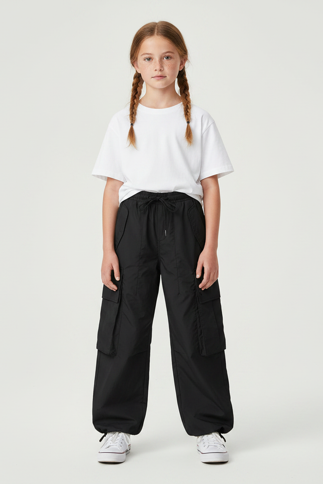 Pantalon Parachute Noir Ample Cargo Décontracté Fille - Polyester