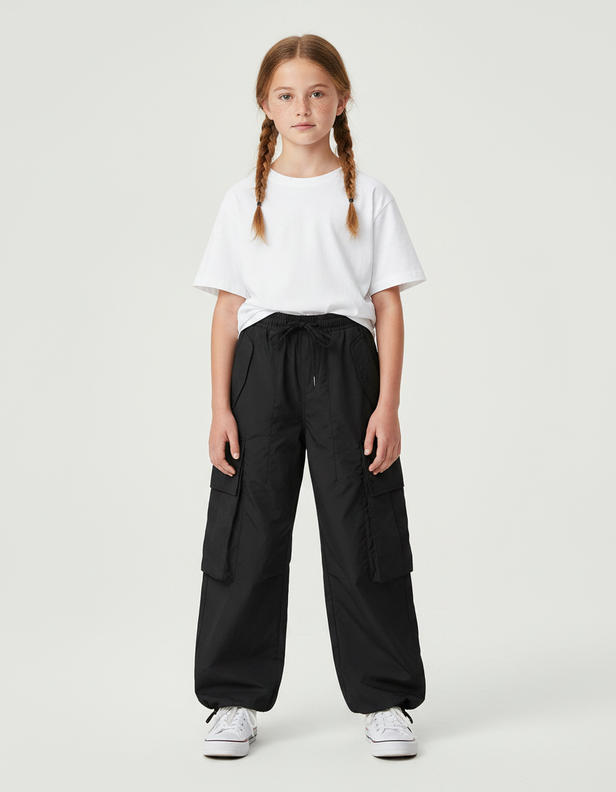 Pantalon Parachute Noir Ample Cargo Décontracté Fille - Polyester