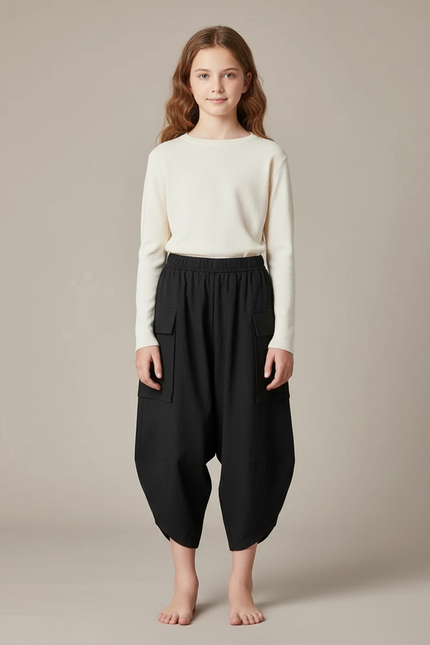 Pantalon Parachute Noir Ample Coton Cargo Enfant