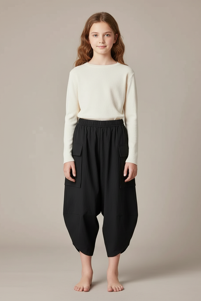 Pantalon Parachute Noir Ample Coton Cargo Enfant