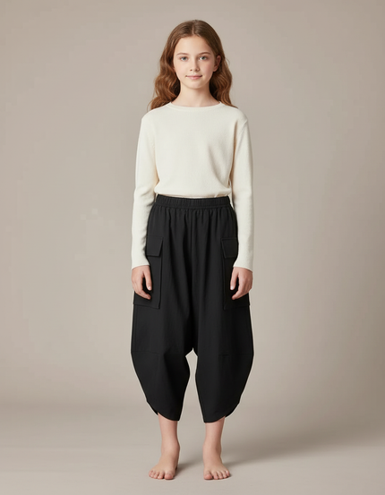 Pantalon Parachute Noir Ample Coton Cargo Enfant