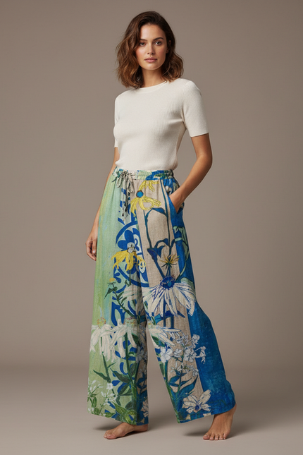 Pantalon Parachute Fluide Imprimé Floral Ample Décontracté - Multicolore Lin