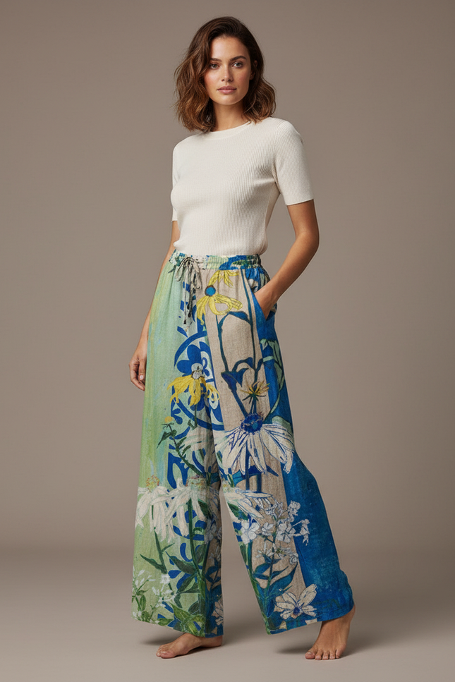 Pantalon Parachute Fluide Imprimé Floral Ample Décontracté - Multicolore Lin