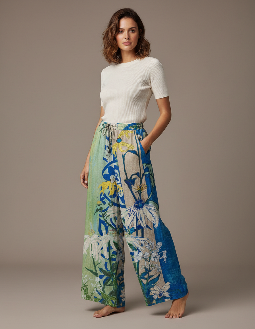 Pantalon Parachute Fluide Imprimé Floral Ample Décontracté - Multicolore Lin