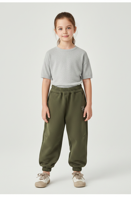 Pantalon Parachute Kaki Ample Molleton Imprimé Étoile