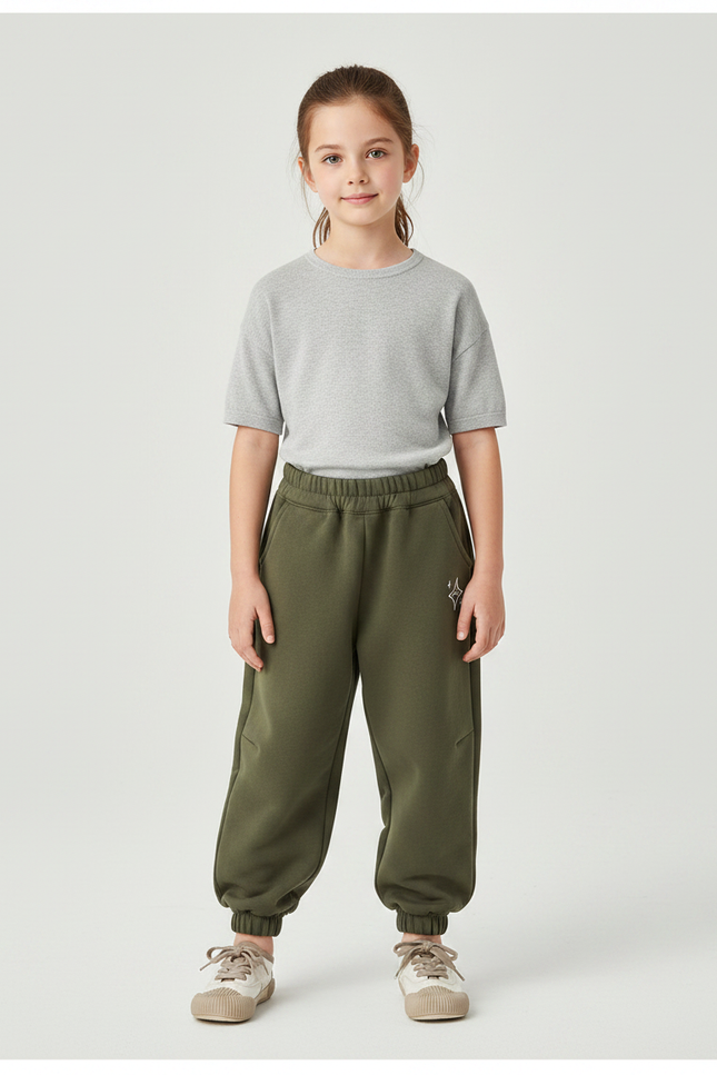 Pantalon Parachute Kaki Ample Molleton Imprimé Étoile