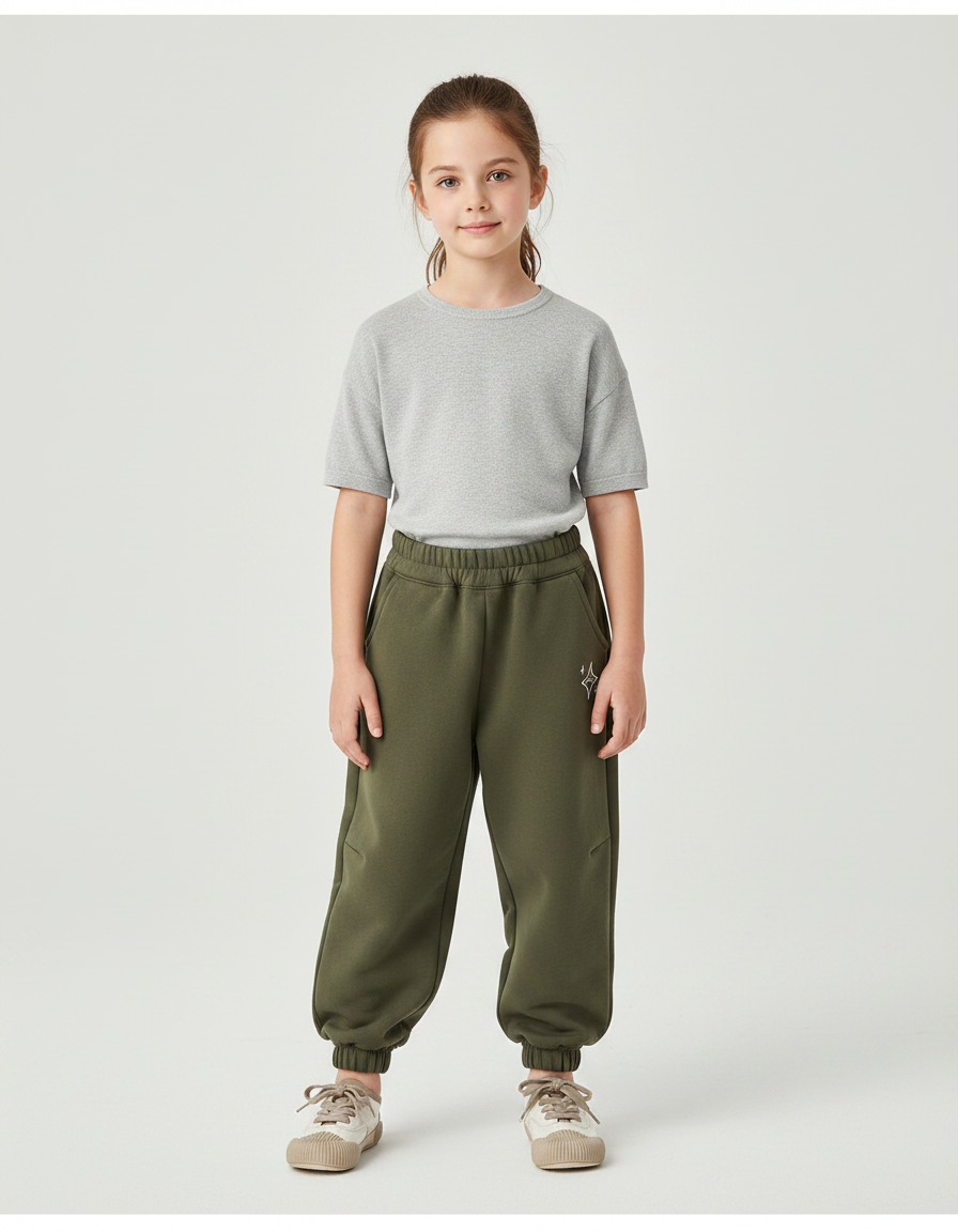 Pantalon Parachute Kaki Ample Molleton Imprimé Étoile