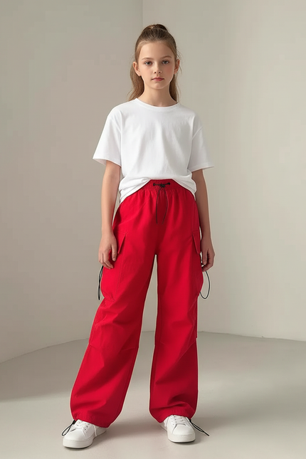 Pantalon Parachute Rouge Ample Cordon Fille - Polyester