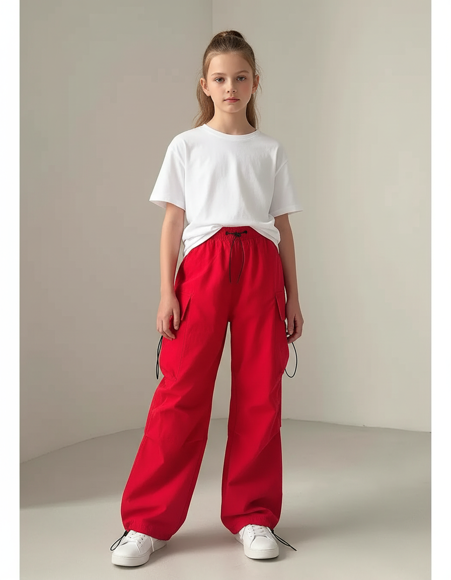 Pantalon Parachute Rouge Ample Cordon Fille - Polyester