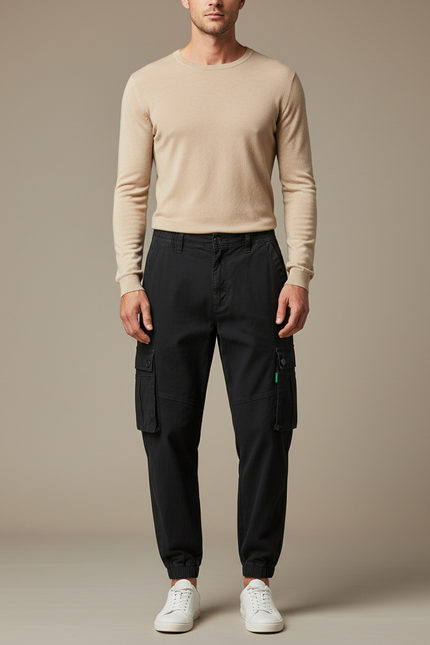 Pantalon Parachute Noir Cargo Multipoches Homme Décontracté - Coton