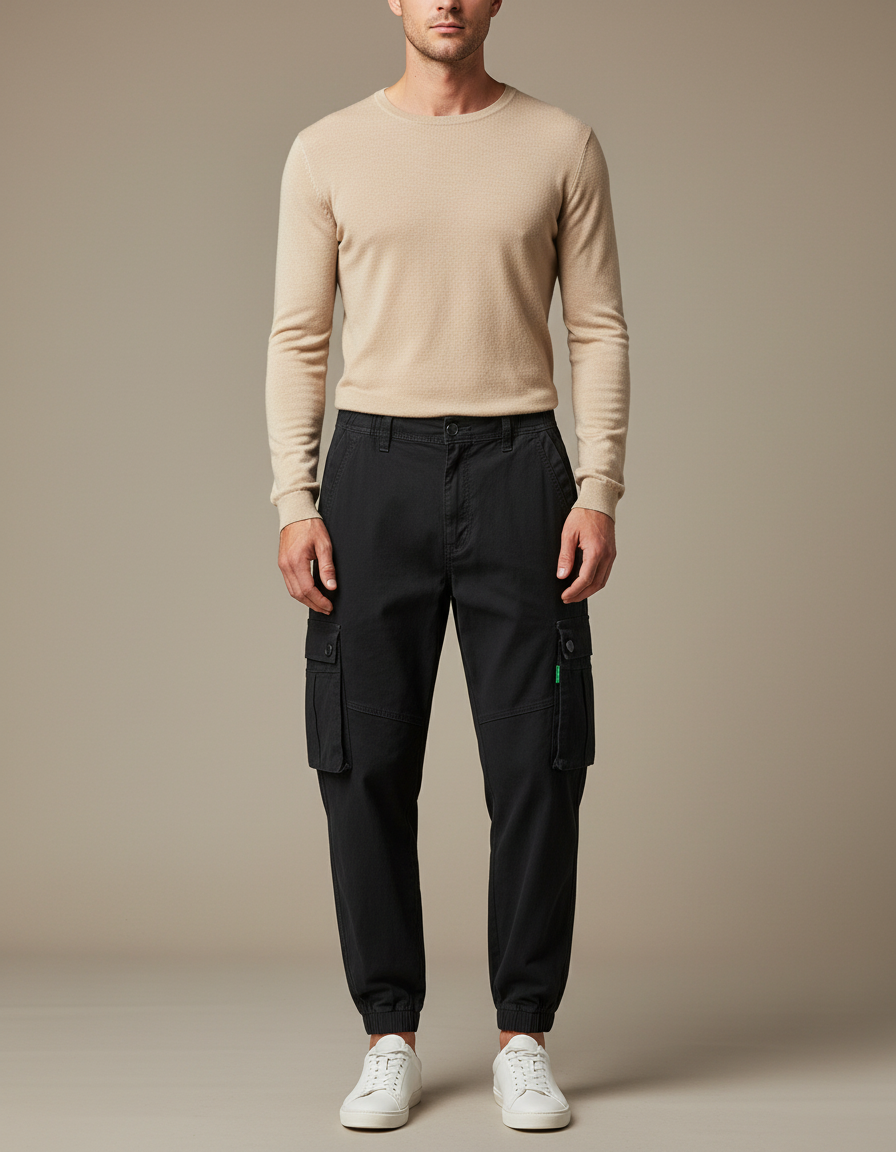 Pantalon Parachute Noir Cargo Multipoches Homme Décontracté - Coton