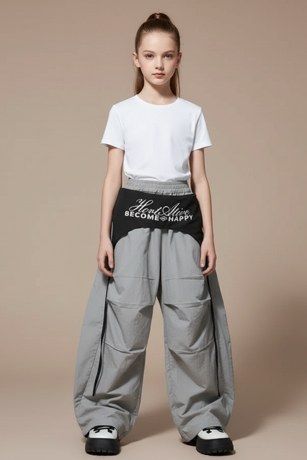 Pantalon Parachute Gris Ample Cargo Cordon Fille - Polyester