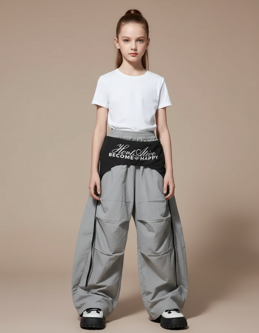 Pantalon Parachute Gris Ample Cargo Cordon Fille - Polyester