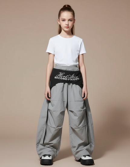 Pantalon Parachute Gris Ample Cargo Cordon Fille - Polyester