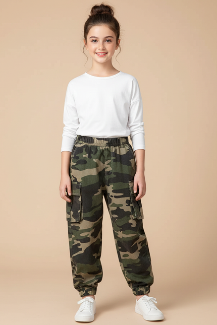 Pantalon Parachute Camouflage Cargo Ample Enfant Moderne - Kaki Coton
