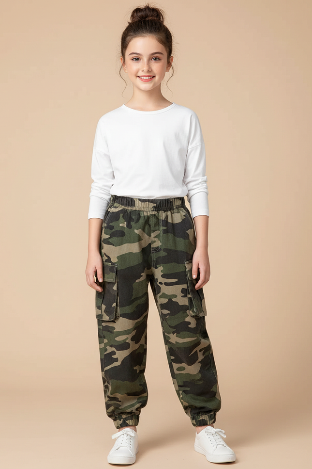 Pantalon Parachute Camouflage Cargo Ample Enfant Moderne - Kaki Coton