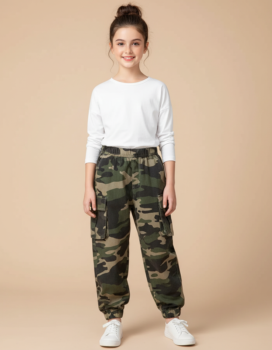 Pantalon Parachute Camouflage Cargo Ample Enfant Moderne - Kaki Coton