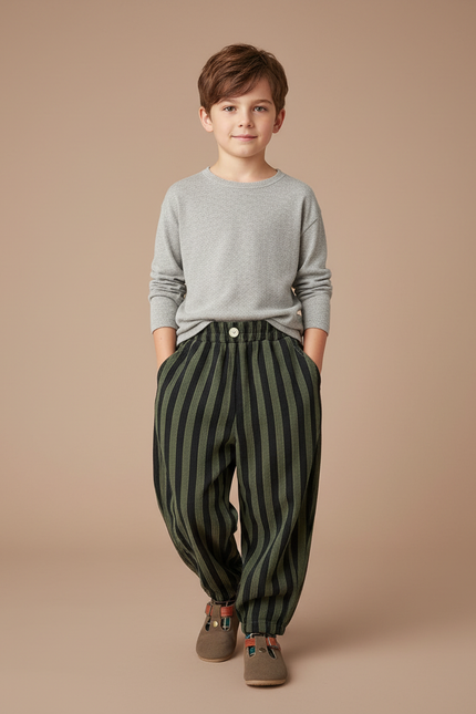 Pantalon Parachute Rayé Vert Noir Ample Enfant Tendance - Multicolore Cordé