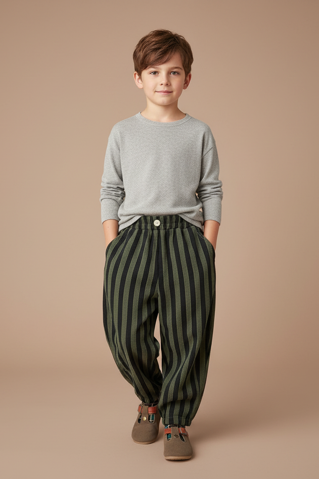 Pantalon Parachute Rayé Vert Noir Ample Enfant Tendance - Multicolore Cordé