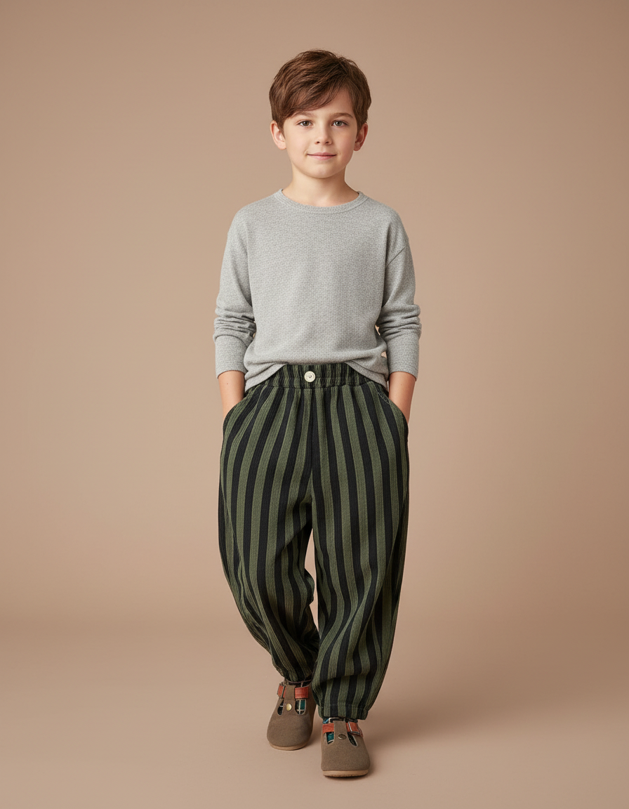 Pantalon Parachute Rayé Vert Noir Ample Enfant Tendance - Multicolore Cordé