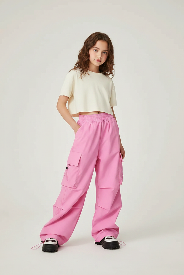 Pantalon Parachute Rose Cargo Ample Enfant Streetwear - Polyester