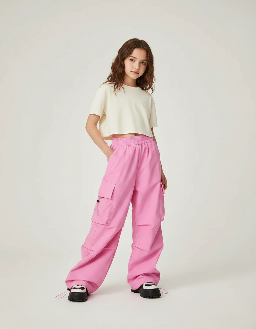 Pantalon Parachute Rose Cargo Ample Enfant Streetwear - Polyester