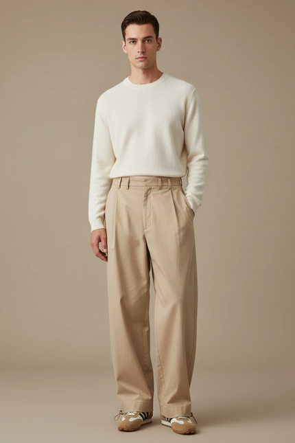 Pantalon Parachute Beige Ample Plissé Homme Décontracté - Gabardine