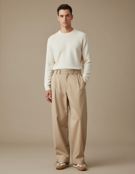 Pantalon Parachute Beige Ample Plissé Homme Décontracté - Gabardine