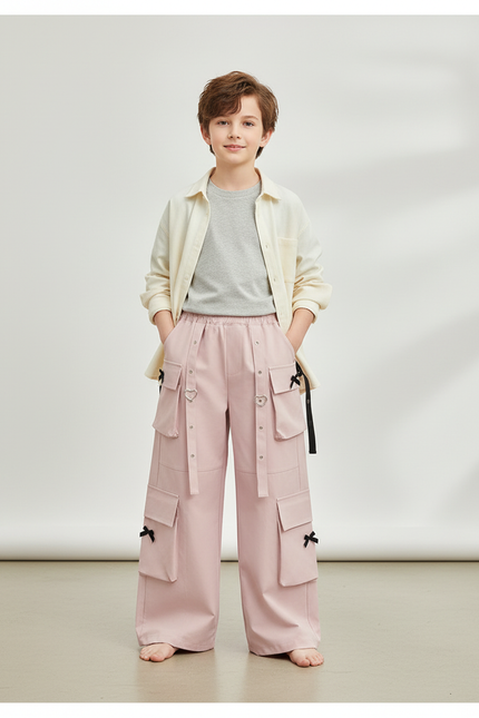 Pantalon Parachute Rose Cargo Ample Enfant Poches - Toile