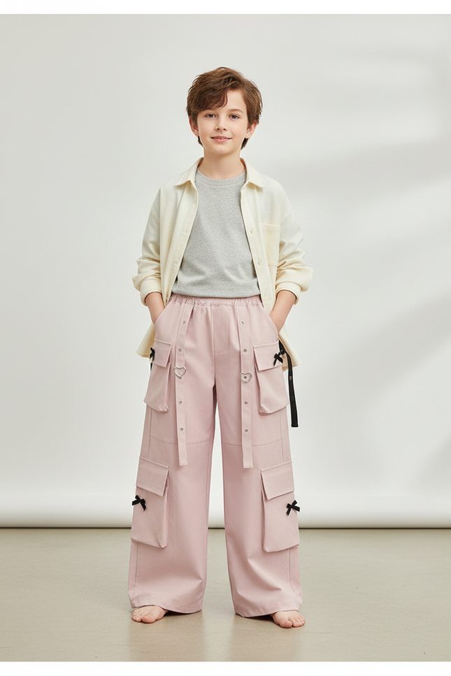 Pantalon Parachute Rose Cargo Ample Enfant Poches - Toile