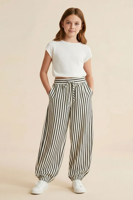Pantalon Parachute Rayé Noir Blanc Ample Décontracté - Multicolore Viscose
