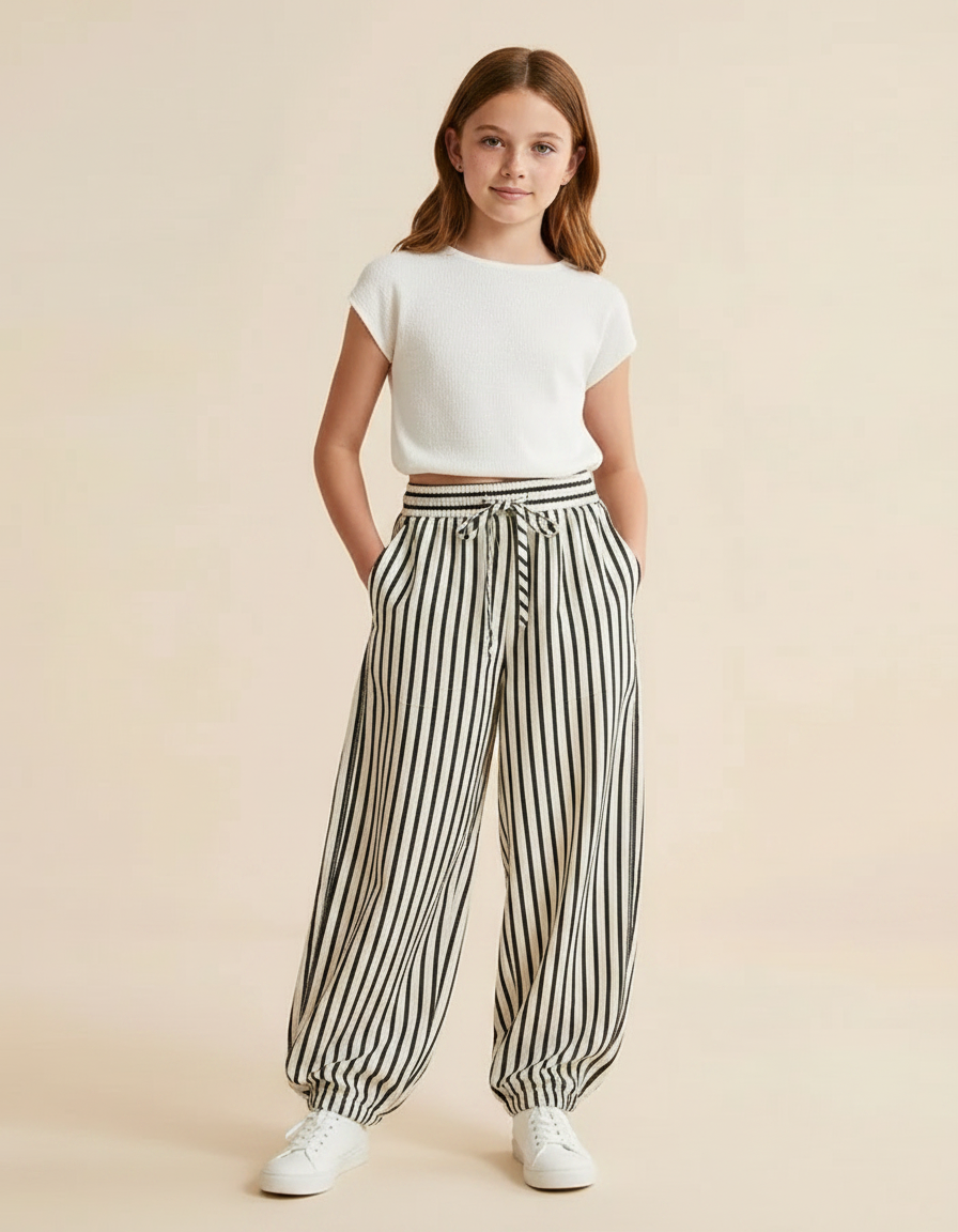 Pantalon Parachute Rayé Noir Blanc Ample Décontracté - Multicolore Viscose